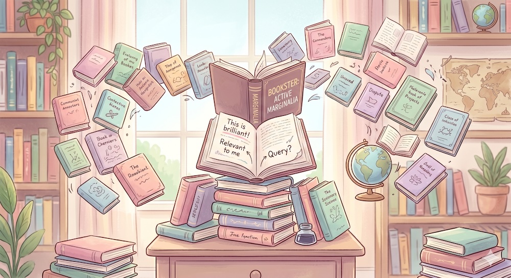 A close-up of an open book showcasing precise marginal notation and structural symbols.